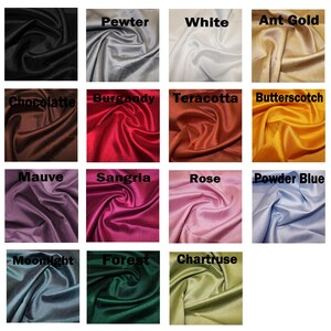 May include: A swatch card showing 16 different colors of fabric. The colors are: Chocolate, Pewter, White, Ant Gold, Burgundy, Terracotta, Butterscotch, Mauve, Sangria, Rose, Powder Blue, Moonlight, Forest, and Chartreuse.