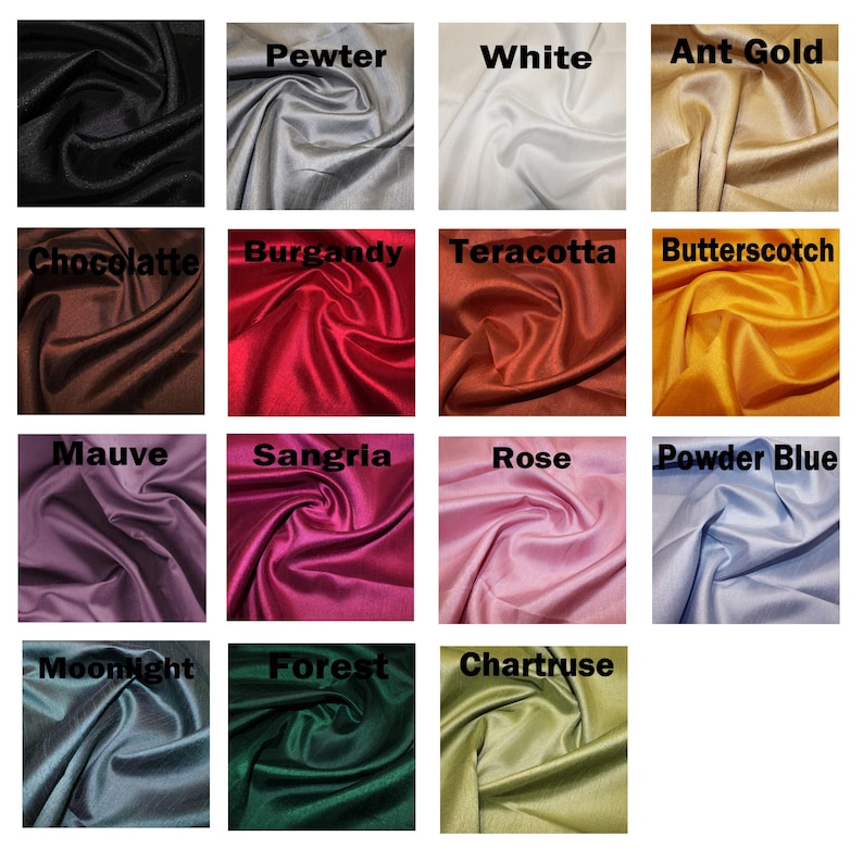 May include: A swatch card showing 16 different colors of fabric. The colors are: Chocolate, Pewter, White, Ant Gold, Burgundy, Terracotta, Butterscotch, Mauve, Sangria, Rose, Powder Blue, Moonlight, Forest, and Chartreuse.