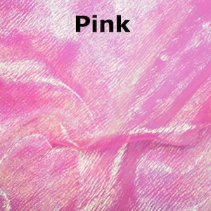 May include: Pink iridescent fabric with a textured, woven pattern. The fabric is slightly wrinkled and has a soft, flowing drape.