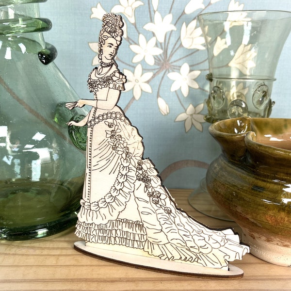 Historical Laser cut Figures Decorative Laser etched History Fashion plates 1880s Floral Ball Gown Lady