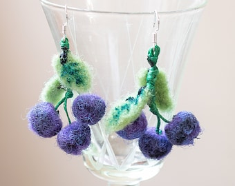 Wool Blueberry earrings made with Albanian wool, wool accessories, wool jewelry, lemon earrings, fruit earrings, unique earrings