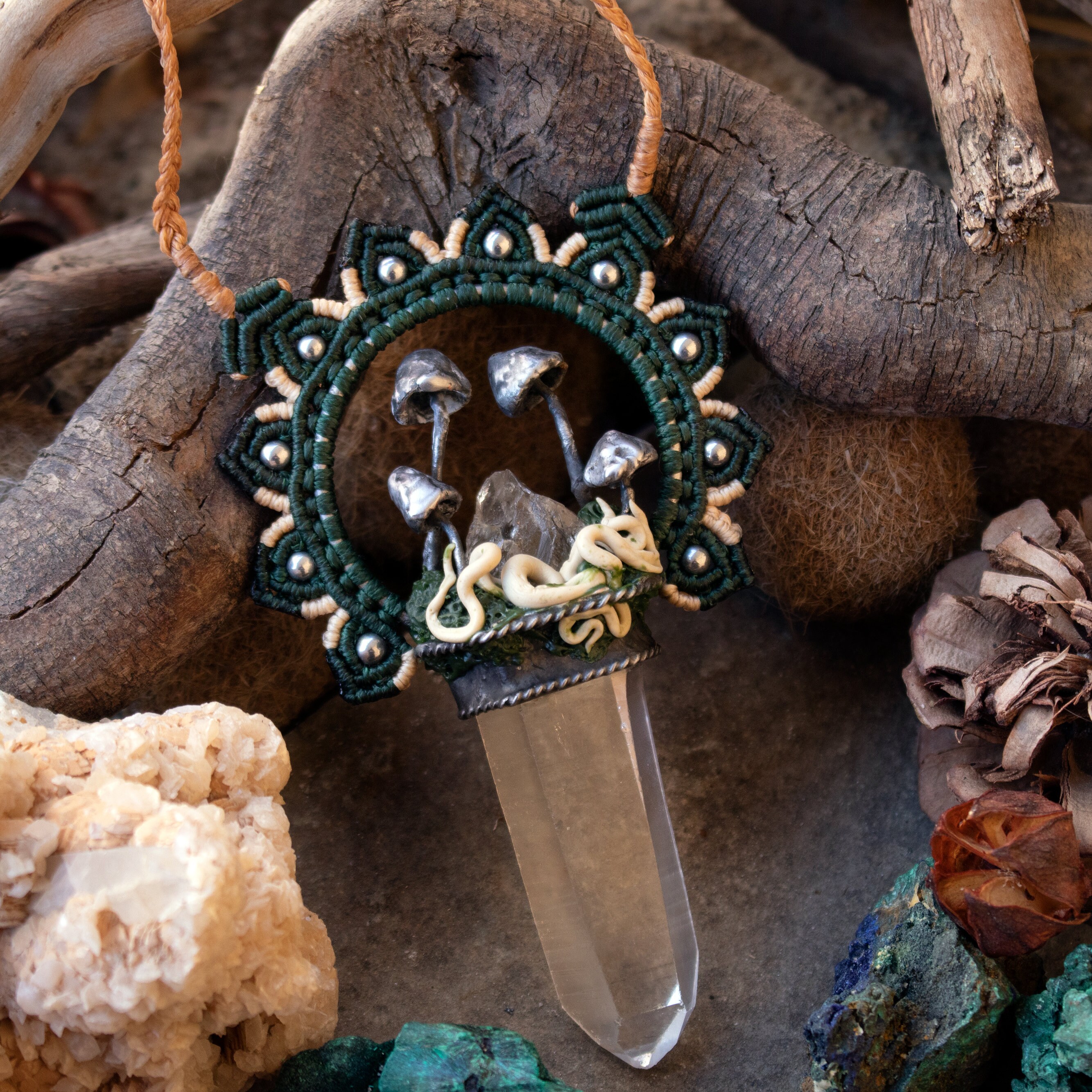 Unique Clear Quartz point soldered pendant with Mushrooms Etsy