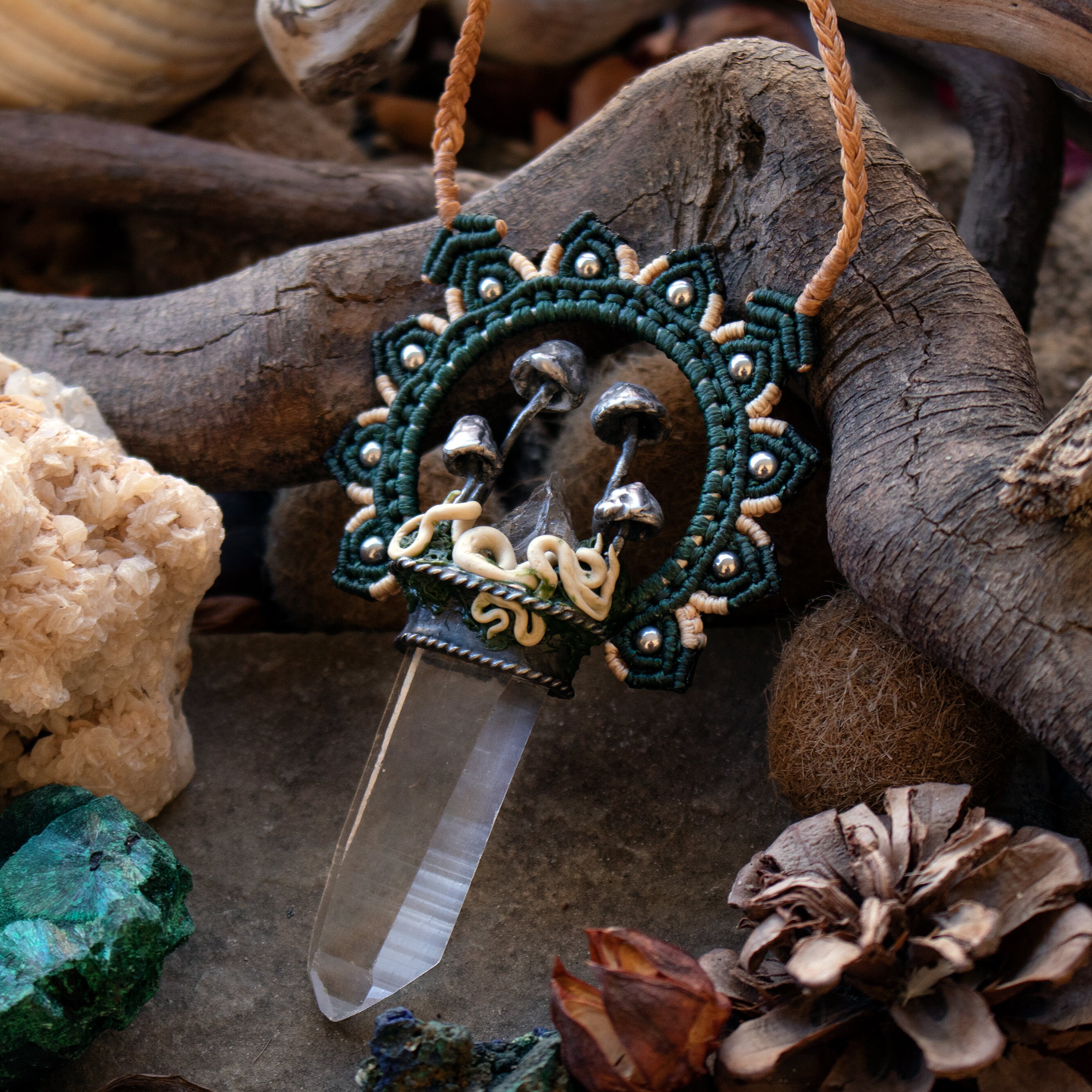 Unique Clear Quartz point soldered pendant with Mushrooms Etsy