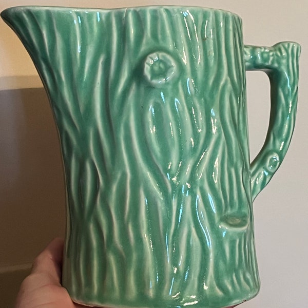 Vintage Green Tree Trunk Pottery Pitcher