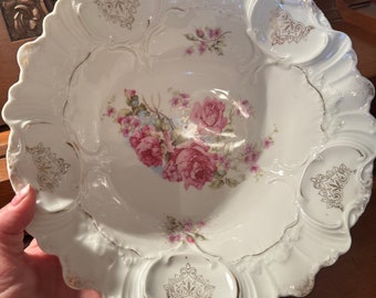 Beautiful large white bowl with pink floral and gold trim T. L. Bavaria