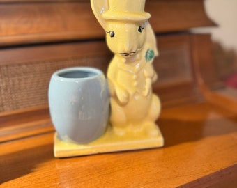 Vintage Morton Yellow Rabbit in Top Hat with Blue Egg Planter