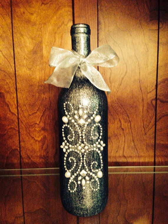 Items similar to Decorated Wine Bottle Centerpiece, Black & Silver