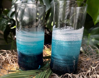 Beach Glass, Tall Glass with Resin Waves, glass, Ocean Wave Resin Glassware, Beach lover gift, Beach Gift, Gift for Holiday