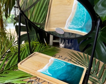 Tabletop Makeup Mirror with Resin Ocean Waves Bamboo Tray