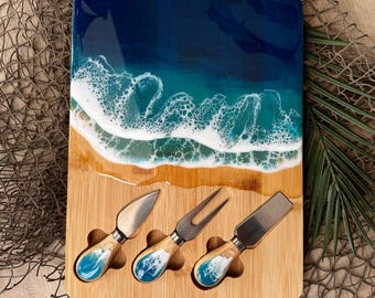 Ocean Wave Serving Board with Utensils, Resin Waves Charcuterie Serving Board, Beach lover Gift