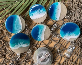 Ocean Wave Resin Badge Reel, Handmade Beach ID Holder, Retractable ID Card Clip