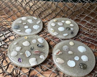 Seashell and Sand Coasters, Beach House Decor, Set of 4