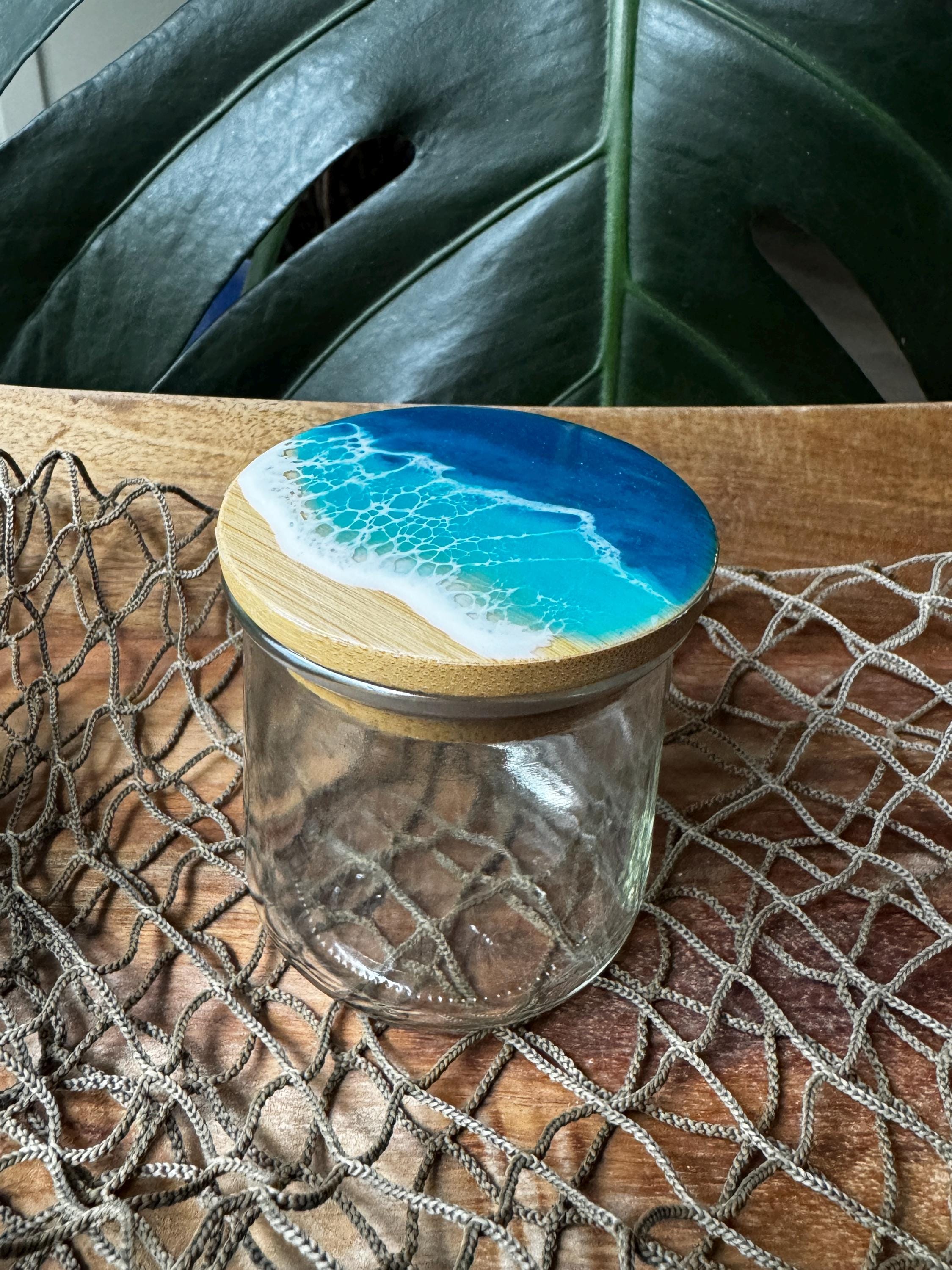 Ocean Wave Glass Jar with Bamboo Lid, Beach Container, Ocean Wave Jar, Stash Jar, Cotton Ball Beach Jar, Resin Waves