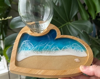 Heart-Shaped Appetizer Board, Resin Waves Charcuterie Board, Coastal Wine Glass Plate, Flower Appetizer Board