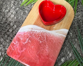 Pink Ocean Wave Heart Charcuterie Board with Heart Dish | Bamboo Coastal Appetizer Board