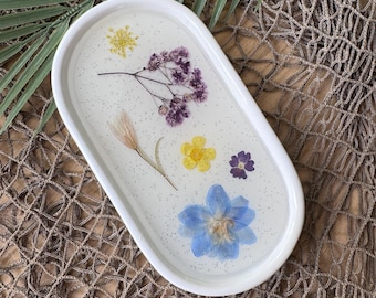 Oval Ceramic Tray with Dried Flowers, Boho Resin Jewelry Dish