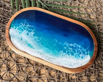Gulf Coast Resin Waves Oval Wooden Tray, Beach Decor Tray, Jewelry Gift
