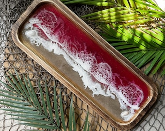 Ocean Resin Art Tray - Beach Decor Serving Tray with Seashells