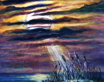 Original bright landscape storm sun sunset clouds water beach reflection yellow gold purple acrylic painting 11"x14" - "One Bright Moment"