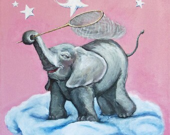 Cute whimsical baby happy playful elephant falling star net clouds pink gray white blue baby girl's room nursery decor ART PRINT