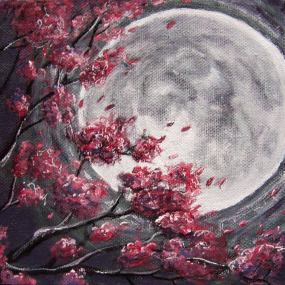 Nuit Printemps De Fleurs Ciel Pleine Lune Arbre Rouge Rose Feuilles Darbre Noir Blanc Violet Argent 4 X 4 Ou 8 X 8 Art Print Red Splendor
