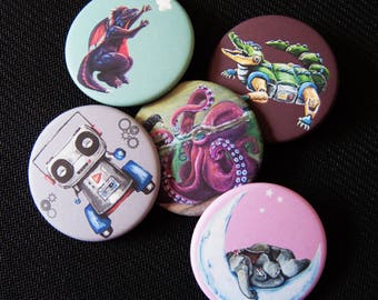 Pin back buttons round 1.75" cute fun animal or robot art, backpack pin, party favors, gift