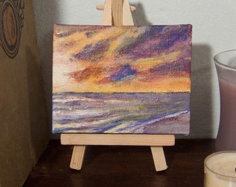 Original ocean beach sunset seascape mini canvas summer colors cute bright home decor small art tiny acrylic painting with easel 2.75"x3.5"