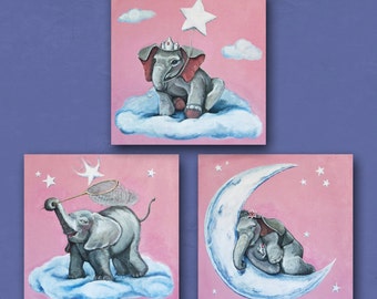 Elephant nursery decor baby girl's room pink gray white blue cute whimsical princess clouds stars moon Set of 3 triptych ART PRINTS