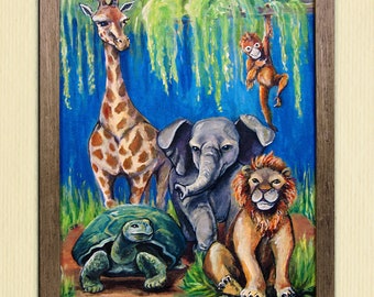 Cute zoo safari jungle baby animals, monkey, elephant, lion, turtle, giraffe bright happy colors illustration painting ART PRINT 5x7 or 8x10