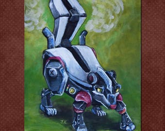 Robot mech skunk polecat retro sci-fi geek steampunk bright colorful cute kid's play room black white green 5x7 or 8x10 ART PRINT - "Pew"