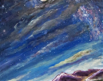 Original night sky stars full moon galaxy nebula mountains clouds landscape skyline horizon acrylic painting 11"x14" - Wide Open