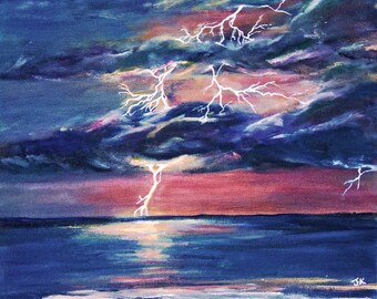Original lightning thunderstorm rain cloudy sunset sky beach ocean pink purple blue landscape acrylic painting 12"x12" - Fingers of Fire