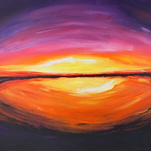 Abstract sunrise sunset reflection bright pink yellow purple black acrylic painting 8&quot; x 10&quot;  ART PRINT- &quot;Horizon Line&quot;