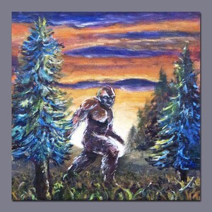 May include: A painting of a large, hairy, brown creature walking through a forest at sunset. The creature is walking towards the right side of the painting. There are two tall, blue-green pine trees on either side of the creature.
