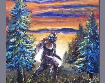 Bigfoot Sasquatch Squatch sunset surreal weird whimsical fun bright colorful small ART PRINT - "I Believe in Bigfoot"