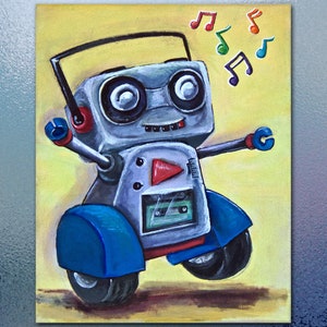 Pode incluir: Um robô cinza com rodas azuis e um toca-fitas está dançando ao som da música. O robô tem um botão de reprodução vermelho e uma cara feliz. O fundo é amarelo com notas musicais.
