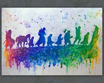 Lord of the Rings LotR Fellowship Tolkien abstract colorful rainbow silhouette splatter paint traditional art acrylic large wall art print