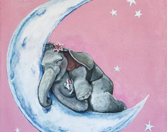 Cute whimsical sleeping baby elephant mouse stargazer lily flower moon stars pink gray white blue baby girl's room nursery decor ART PRINT