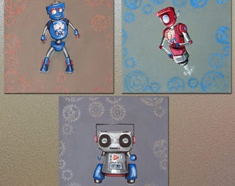 Cute colorful retro steampunk robots boy's room kid's room bright primary colors pop art red blue gray ART PRINT set of 3 triptych wall art