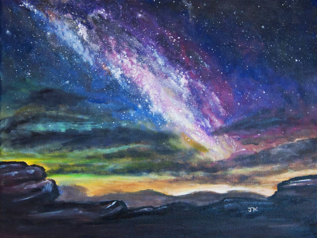 オリジナルの天の川銀河の夜空の星、明るい虹色のスカイライン、宇宙の