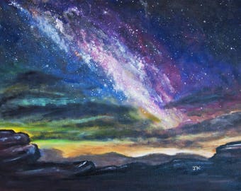 オリジナルの天の川銀河の夜空の星、明るい虹色のスカイライン、宇宙の