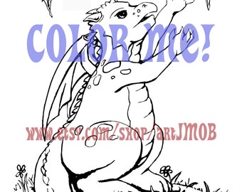 Cute baby dragon and fairy coloring page - Printable Instant Download