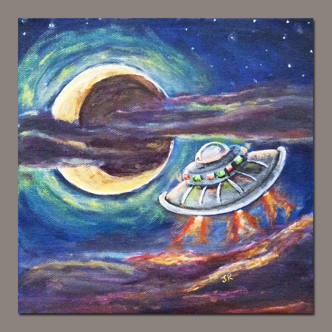 UFO Spaceship Flying Saucer Aliens Super Moon Crescent Moon Clouds