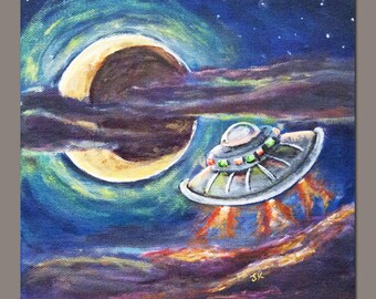 UFO spaceship flying saucer aliens super moon crescent moon clouds stars outer space fun bright colorful Art Print - "I Believe in UFOs"