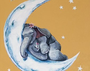 Elephant nursery decor baby's room gender neutral yellow gold green teal blue cute sleeping mouse stargazer lily flower moon stars ART PRINT