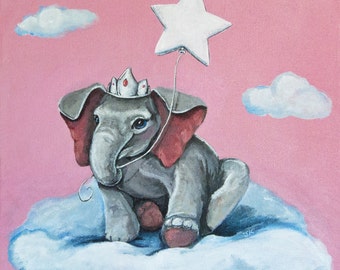 Cute whimsical baby elephant princess crown tiara clouds star balloon pink gray white blue baby girl's room nursery decor ART PRINT