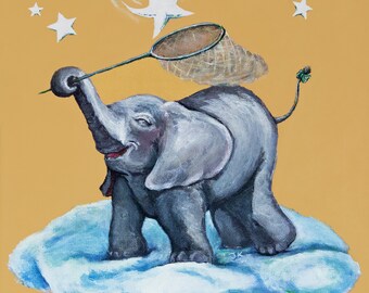 Elephant nursery decor baby's room gender neutral yellow gold green teal blue cute whimsical happy playful falling star net clouds ART PRINT