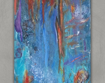Original abstract modern art mixed media textured aged distressed oxidized grunge boho blue teal purple orange wall art 12"x16" - "Traces"
