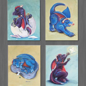 Original cute baby dragon fairy tale fantasy geeky nursery art kid&#39;s play room purple teal blue yellow set acrylic paintings on canvas