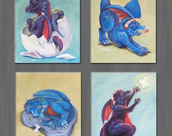 Original cute baby dragon fairy tale fantasy geeky nursery art kid's play room purple teal blue yellow set acrylic paintings on canvas